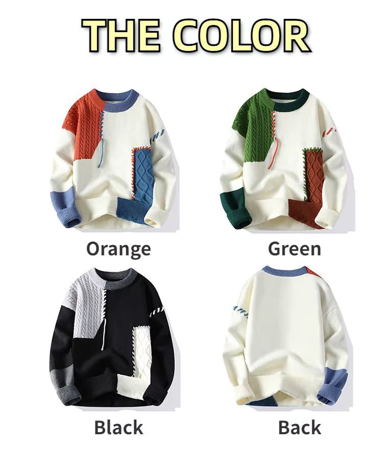 KoreanFusion Patchwork Knit Sweater – Men & Women’s 2025 Fall/Winter Warm Round Neck Knitwear