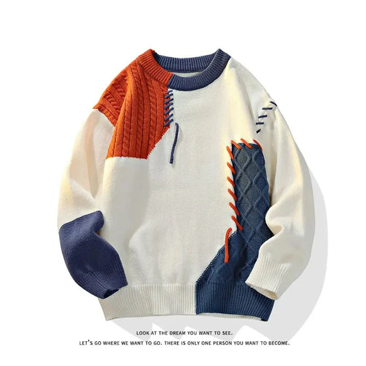 KoreanFusion Patchwork Knit Sweater – Men & Women’s 2025 Fall/Winter Warm Round Neck Knitwear