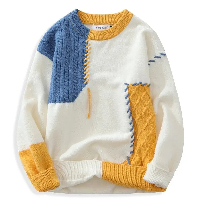 KoreanFusion Patchwork Knit Sweater – Men & Women’s 2025 Fall/Winter Warm Round Neck Knitwear