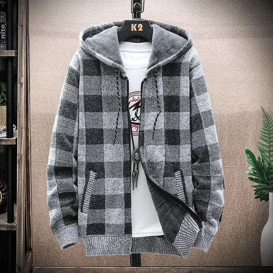 PlaidTherm Hooded Knit Jacket – Men’s Winter Fleece-Lined Zip Cardigan, Warm Checkered Wool Coat