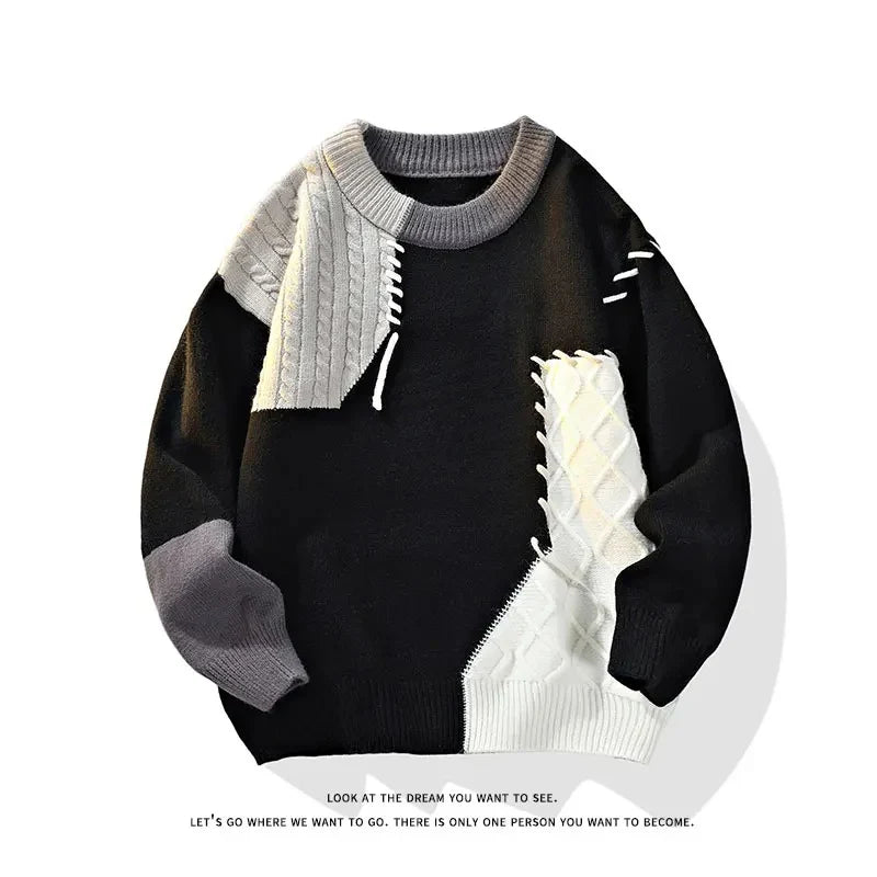 KoreanFusion Patchwork Knit Sweater – Men & Women’s 2025 Fall/Winter Warm Round Neck Knitwear