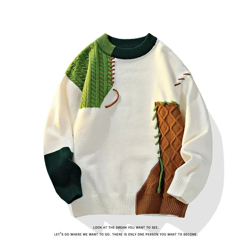 KoreanFusion Patchwork Knit Sweater – Men & Women’s 2025 Fall/Winter Warm Round Neck Knitwear
