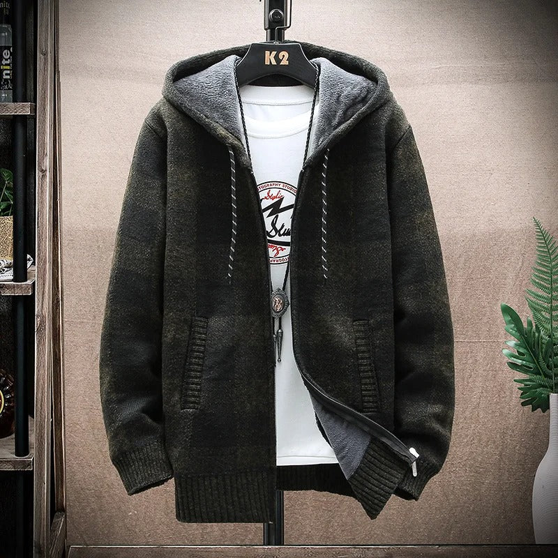 PlaidTherm Hooded Knit Jacket – Men’s Winter Fleece-Lined Zip Cardigan, Warm Checkered Wool Coat