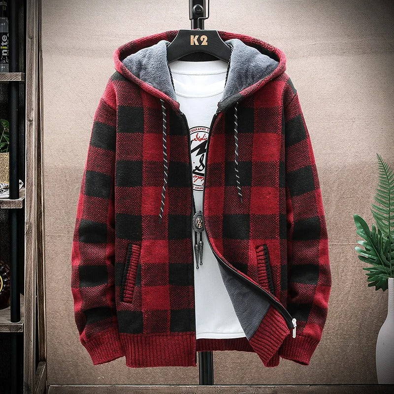PlaidTherm Hooded Knit Jacket – Men’s Winter Fleece-Lined Zip Cardigan, Warm Checkered Wool Coat